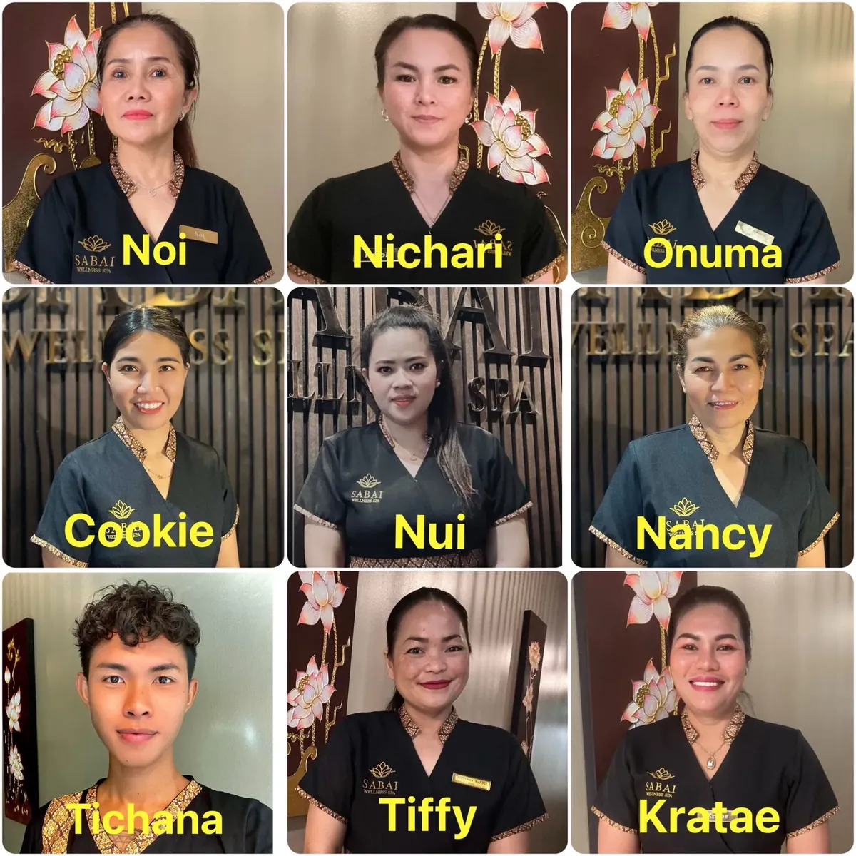 Sabain yhdeksän hierojaa nimineen kuvaruudukossa: Noi, Nichari, Onuma, Cookie, Nui, Nancy, Tichana, Tiffy ja Kratae